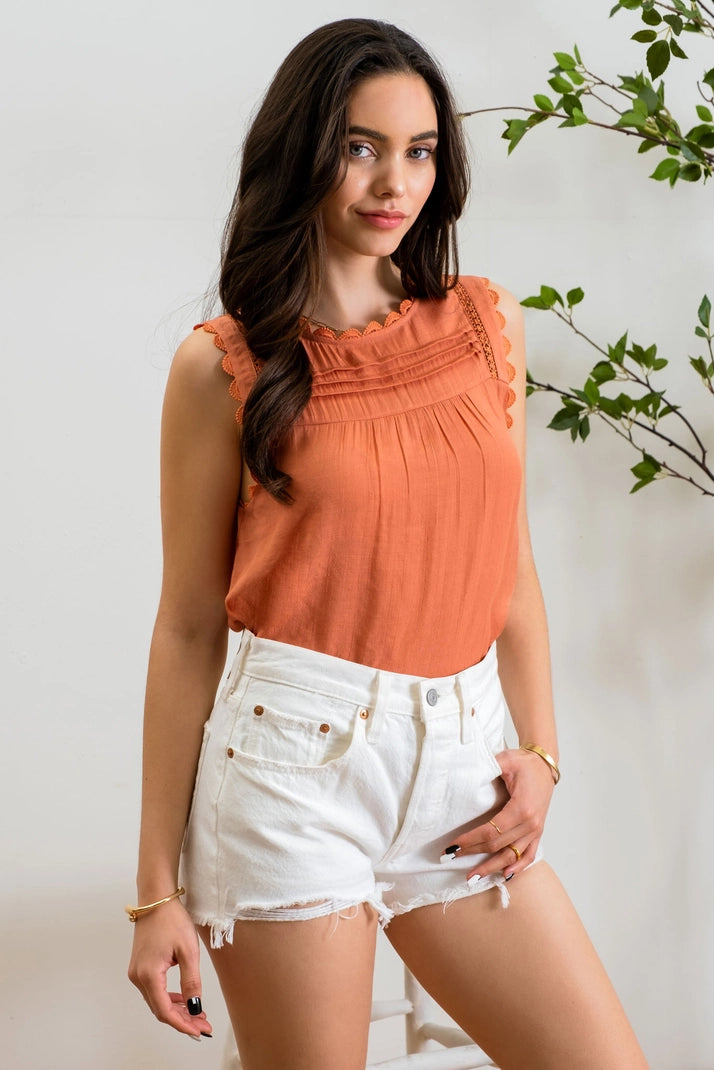 Sienna Sleeveless Lace Edge Woven Top