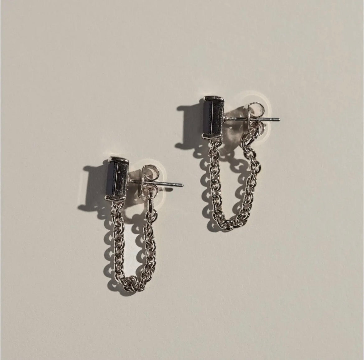 Nickel & Suede | Black Baguette Chain Drop
Stud Earrings