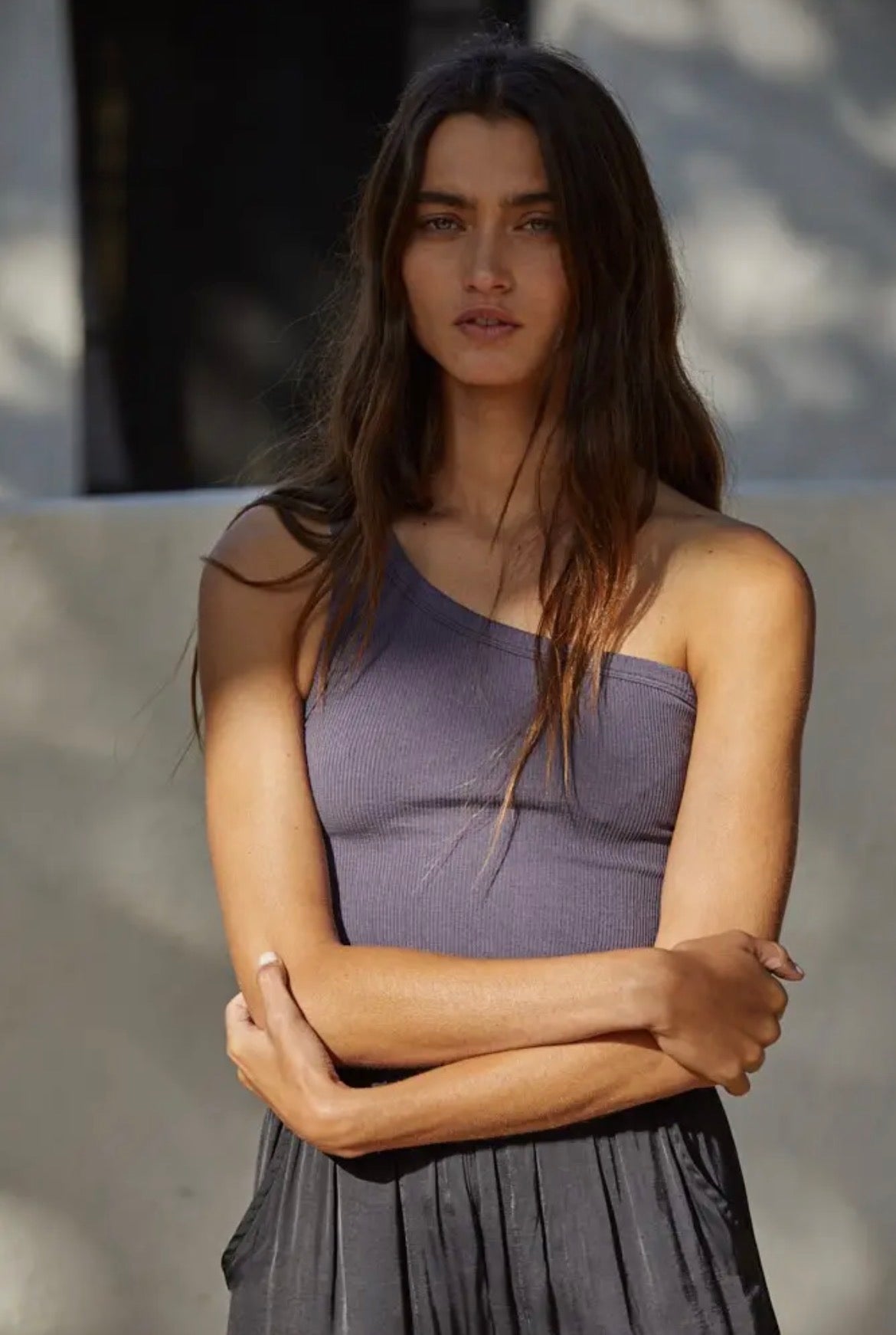 Seamless One Shoulder Ribbed Top | Asphalt Gray