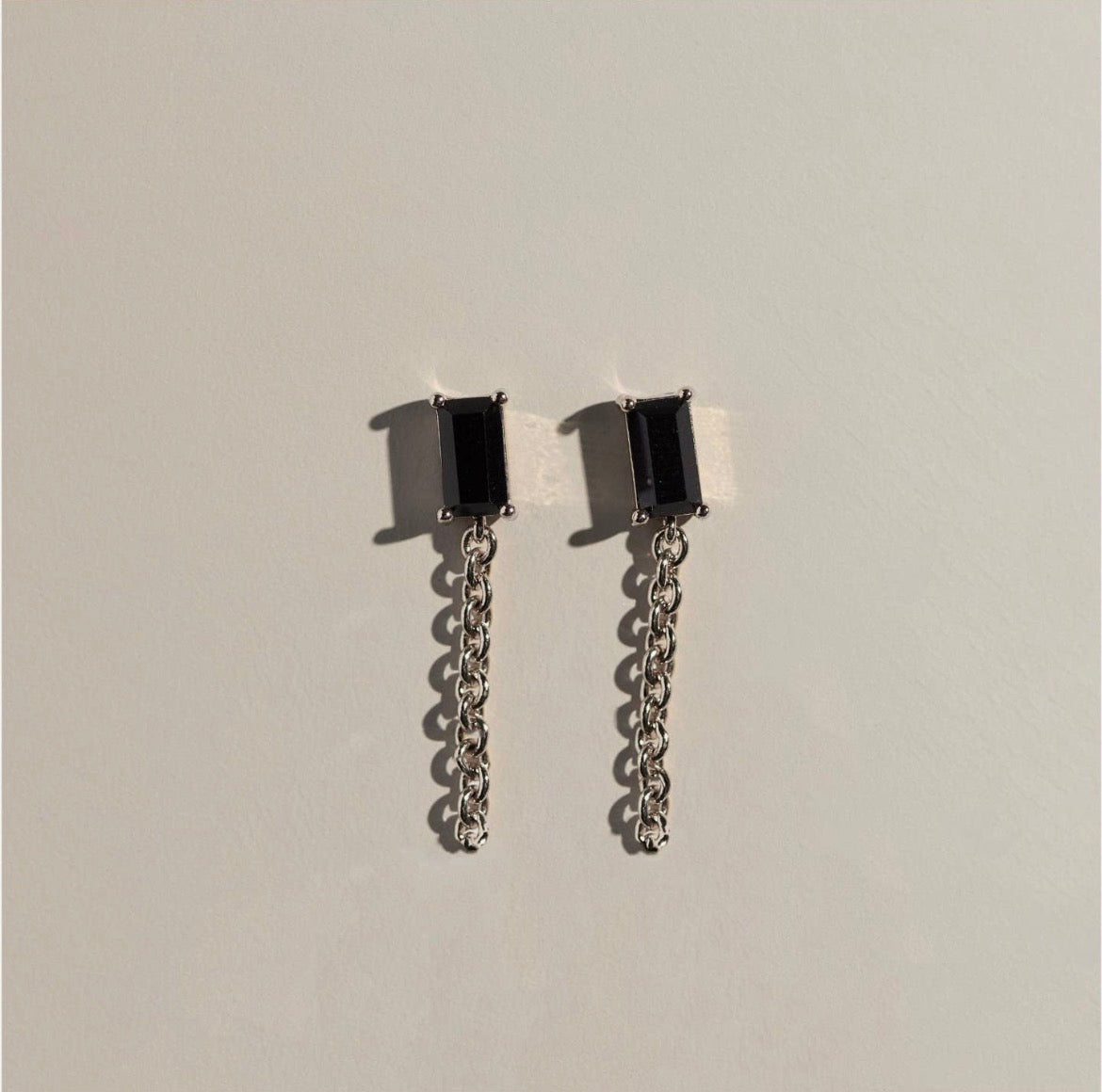 Nickel & Suede | Black Baguette Chain Drop
Stud Earrings