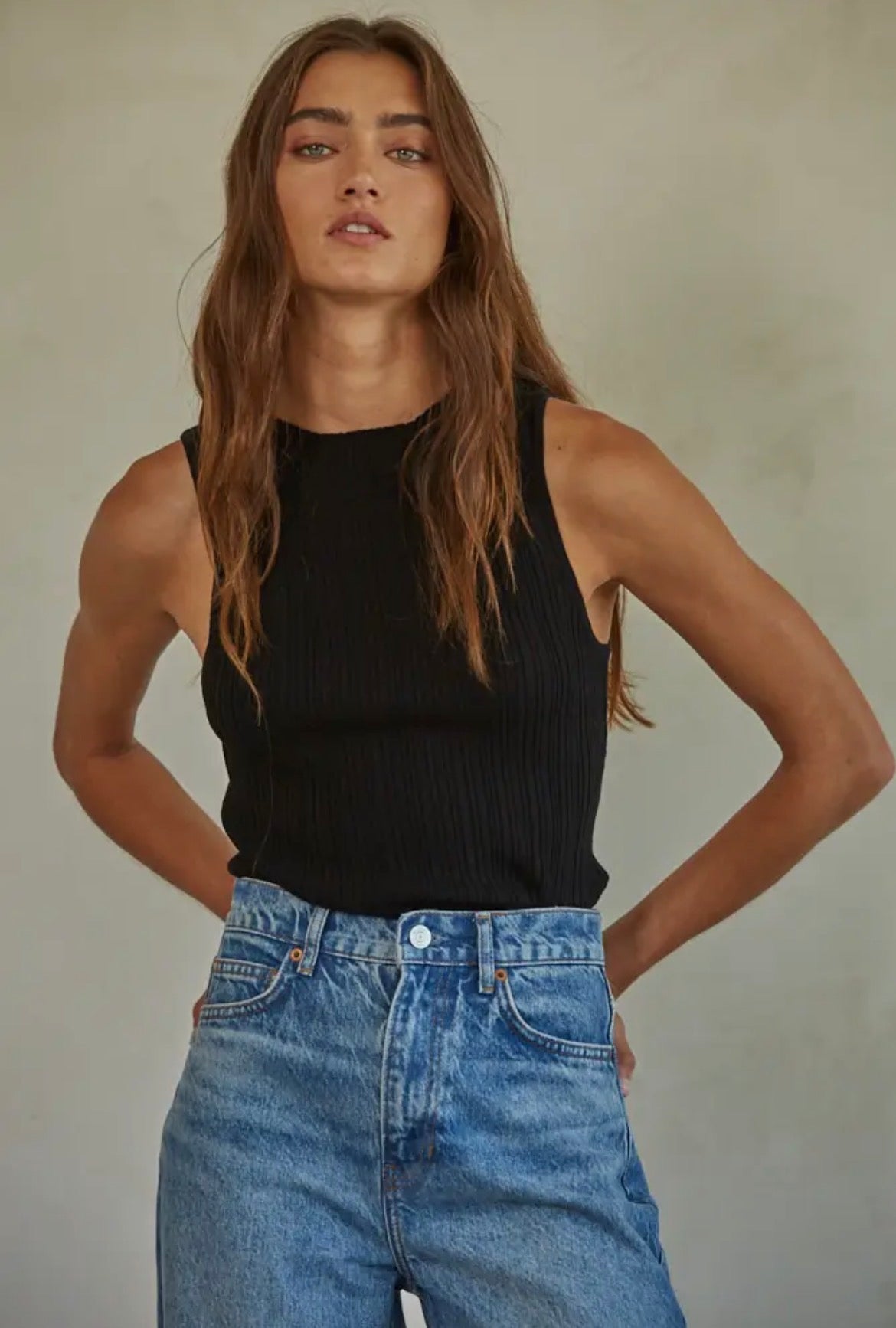 Knit Sweater Ribbed Boat
Neck Sleeveless Top | Black