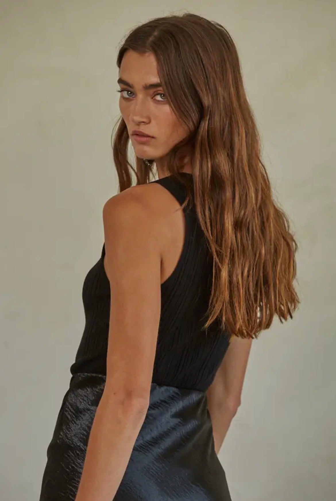 Knit Sweater Ribbed Boat
Neck Sleeveless Top | Black