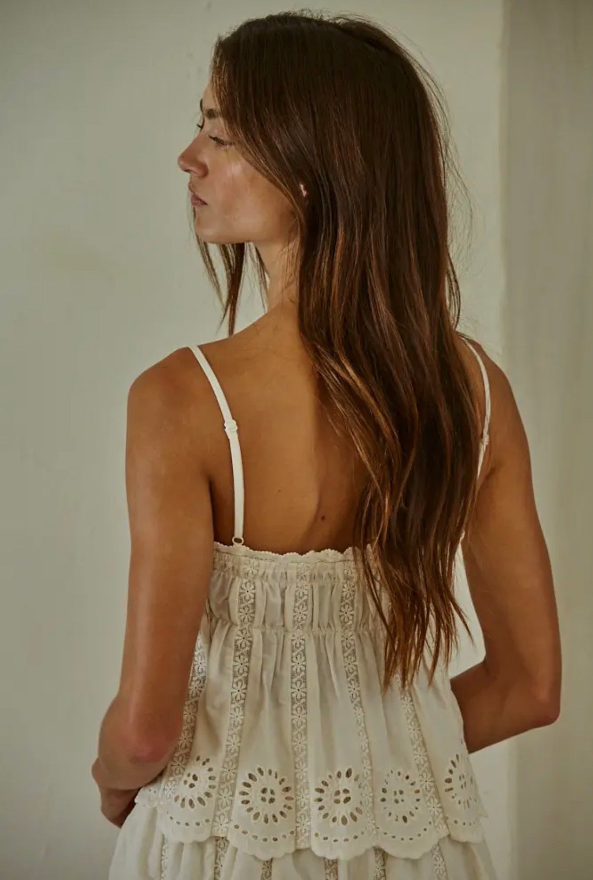 Woven Cotton Eyelet Tube
Neck Spaghetti Strap Top