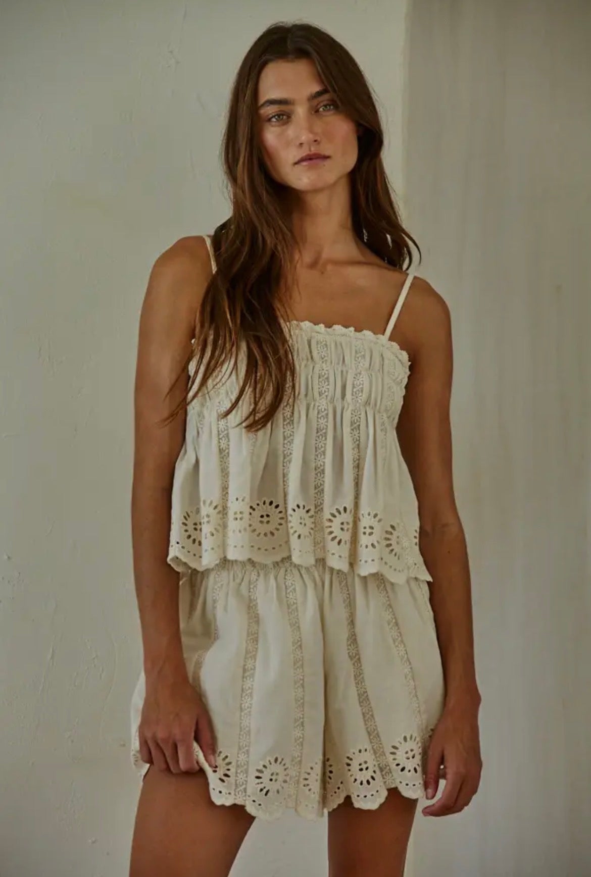 Woven Cotton Eyelet Tube
Neck Spaghetti Strap Top