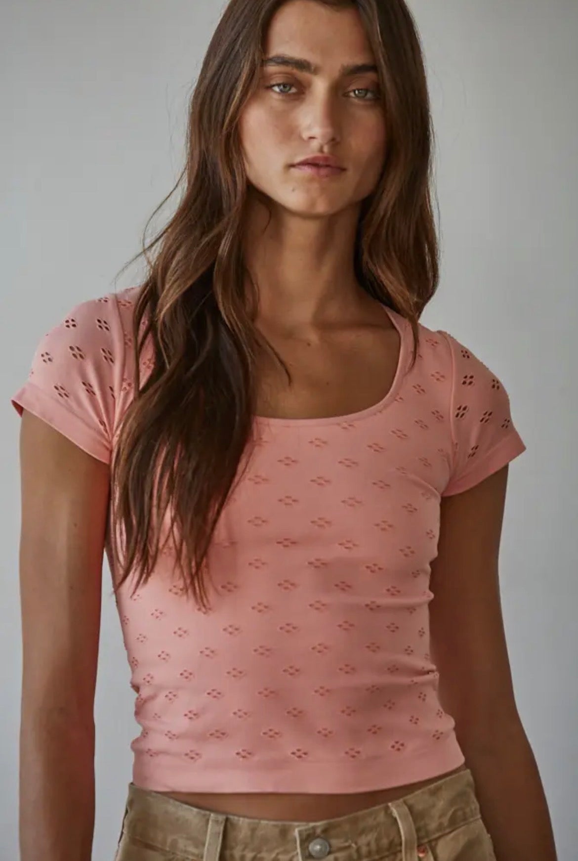 Seamless Eyelet Round
Neck Short Sleeve Top | Peaches N Cream