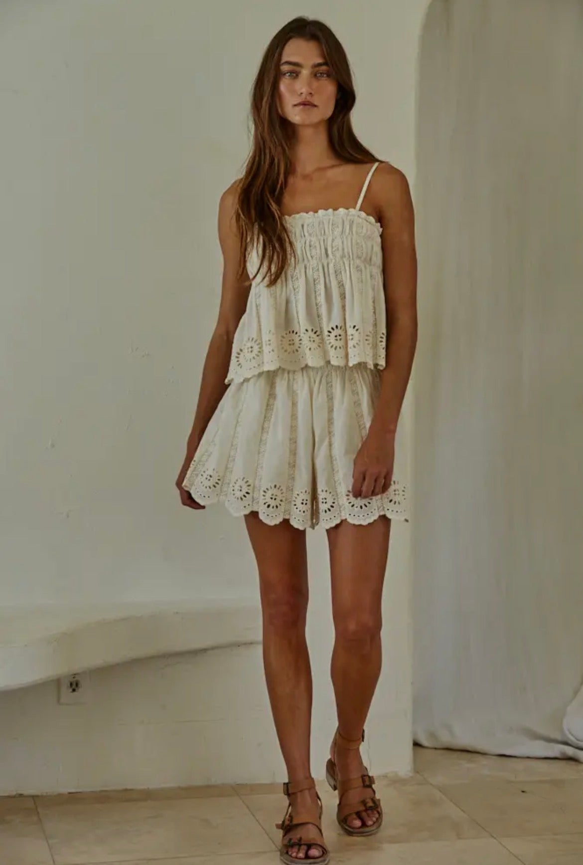 Woven Cotton Eyelet Tube
Neck Spaghetti Strap Top