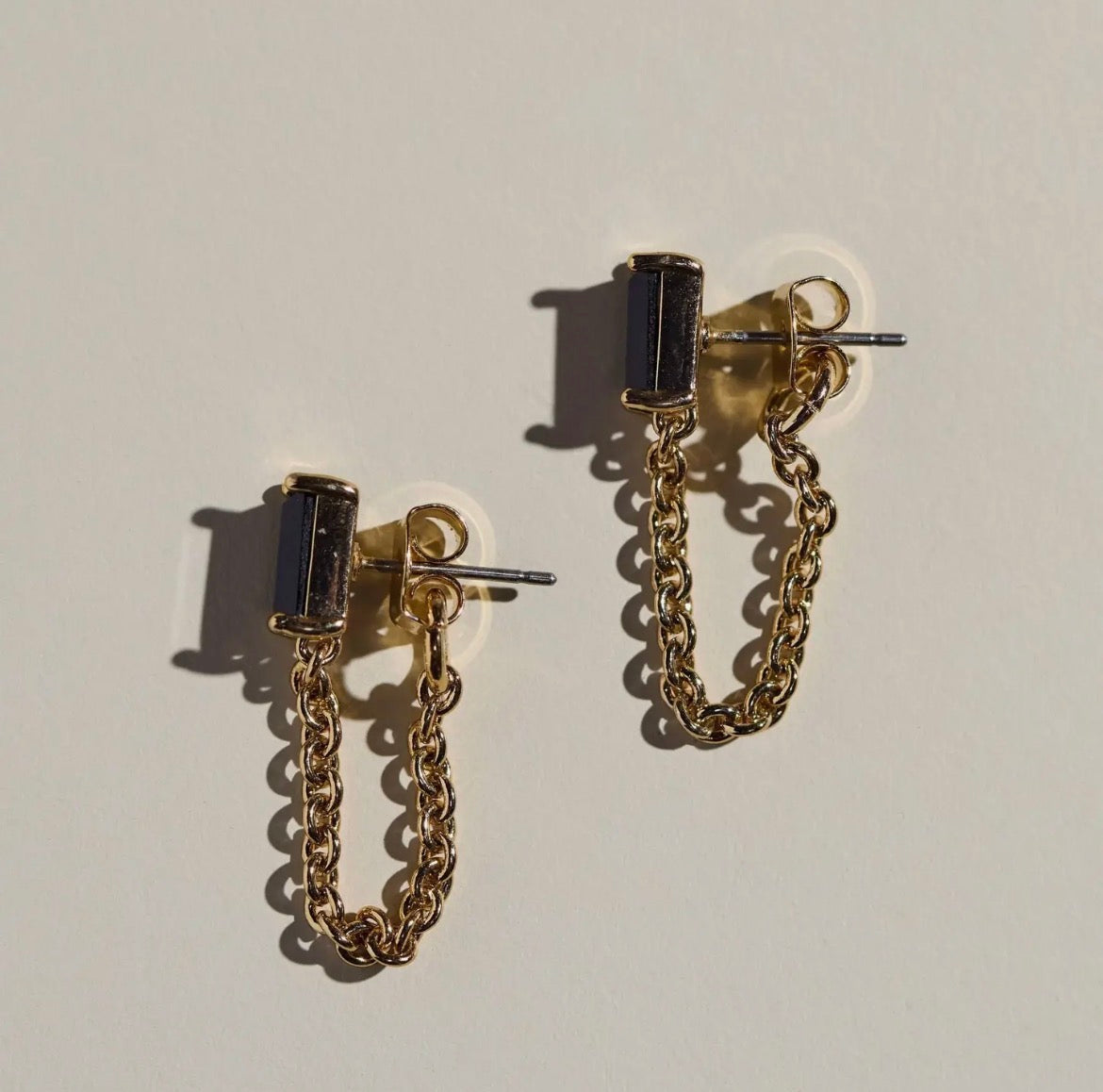 Nickel & Suede | Black Baguette Chain Drop
Stud Earrings