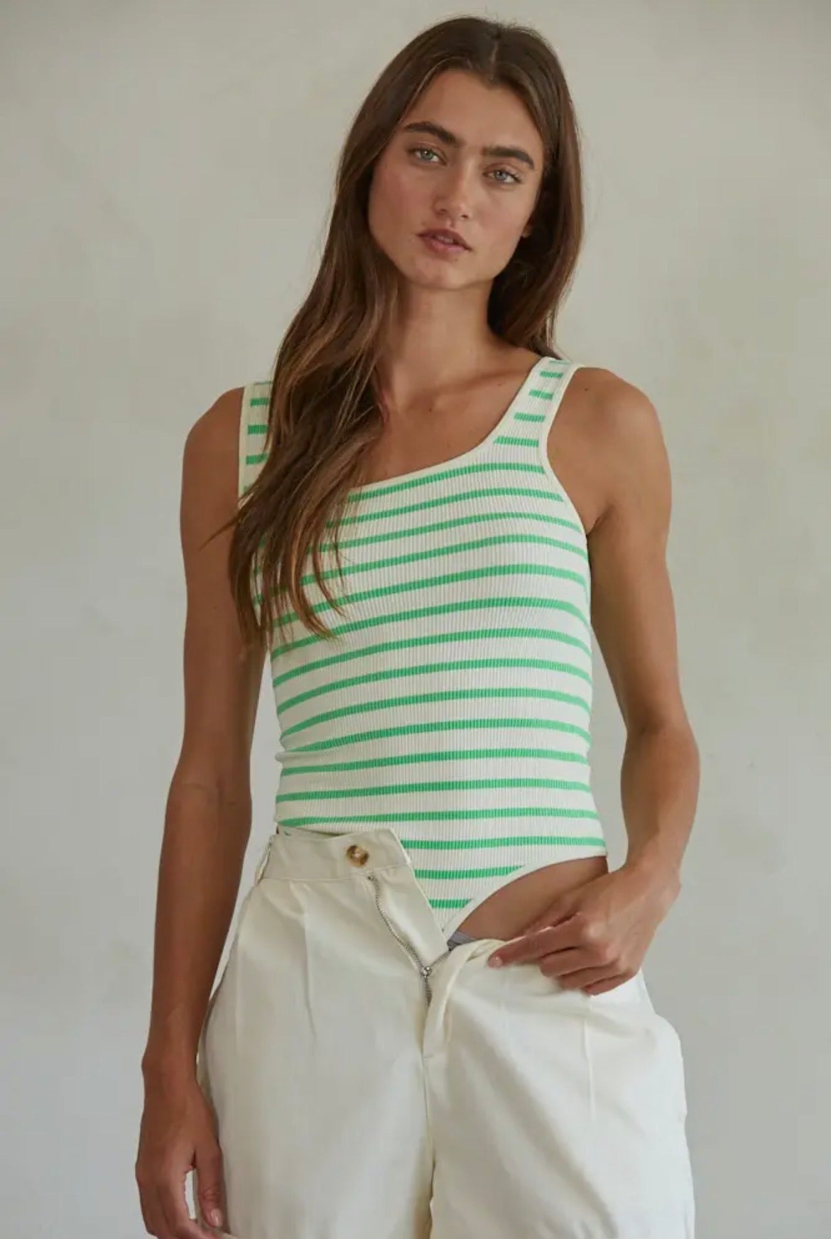 Knit Nylon Spandex
Seamless Ribbed Bodysuit | Cream + Green Apple