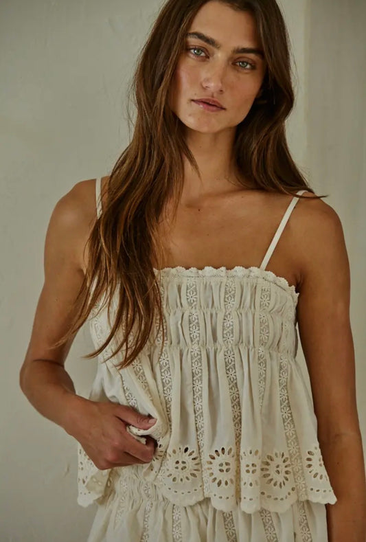 Woven Cotton Eyelet Tube
Neck Spaghetti Strap Top