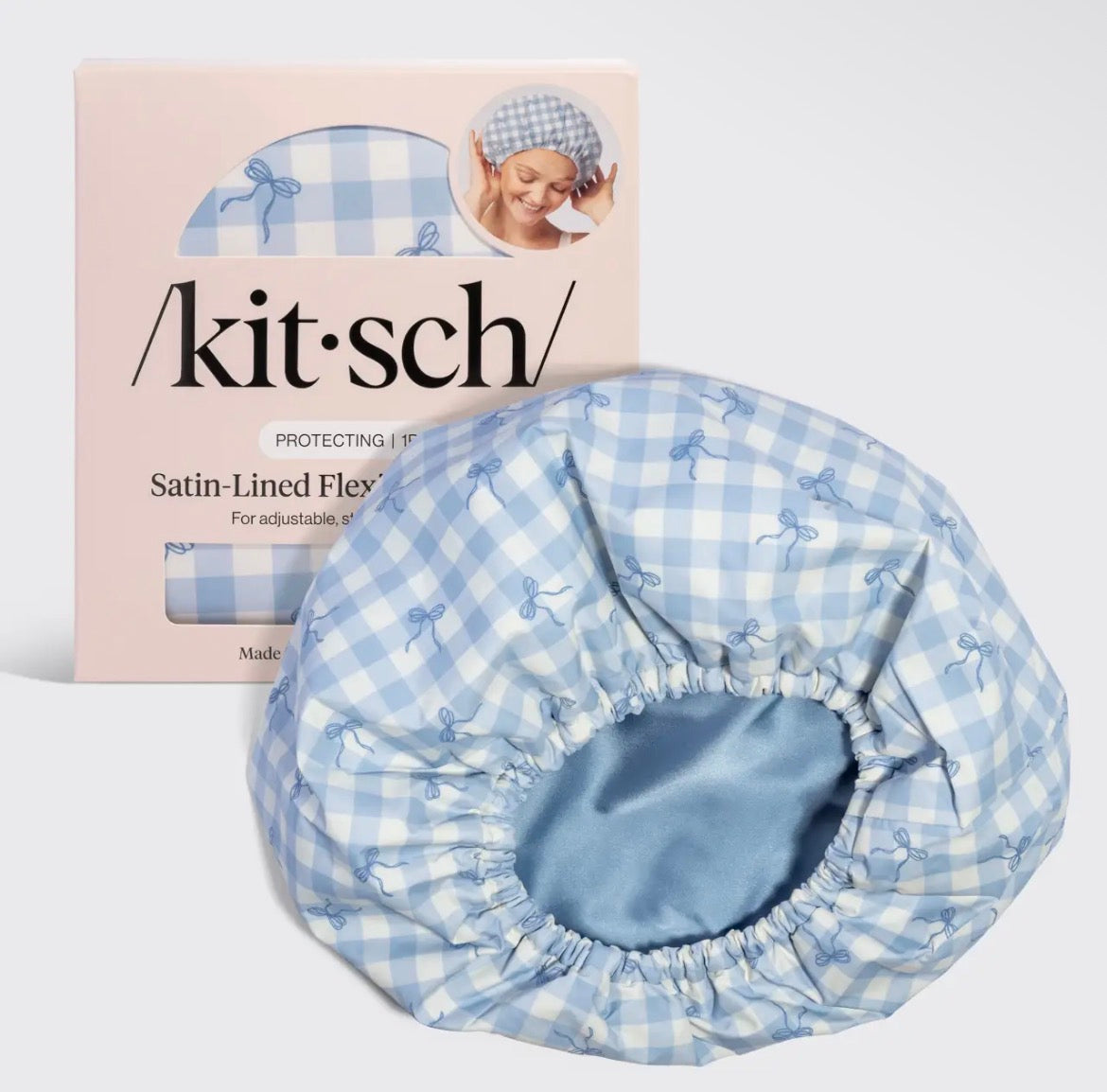 KITSCH | Satin Lined Flexi Shower Cap | Gingham Blue