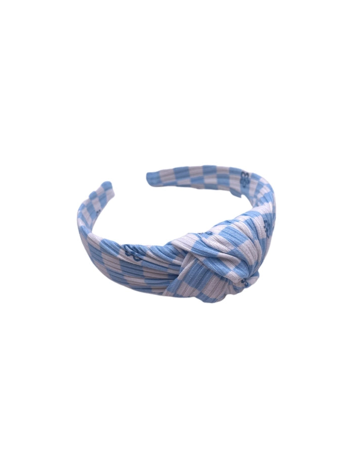 Blue Mini Flower Checkered Top Knot Headband