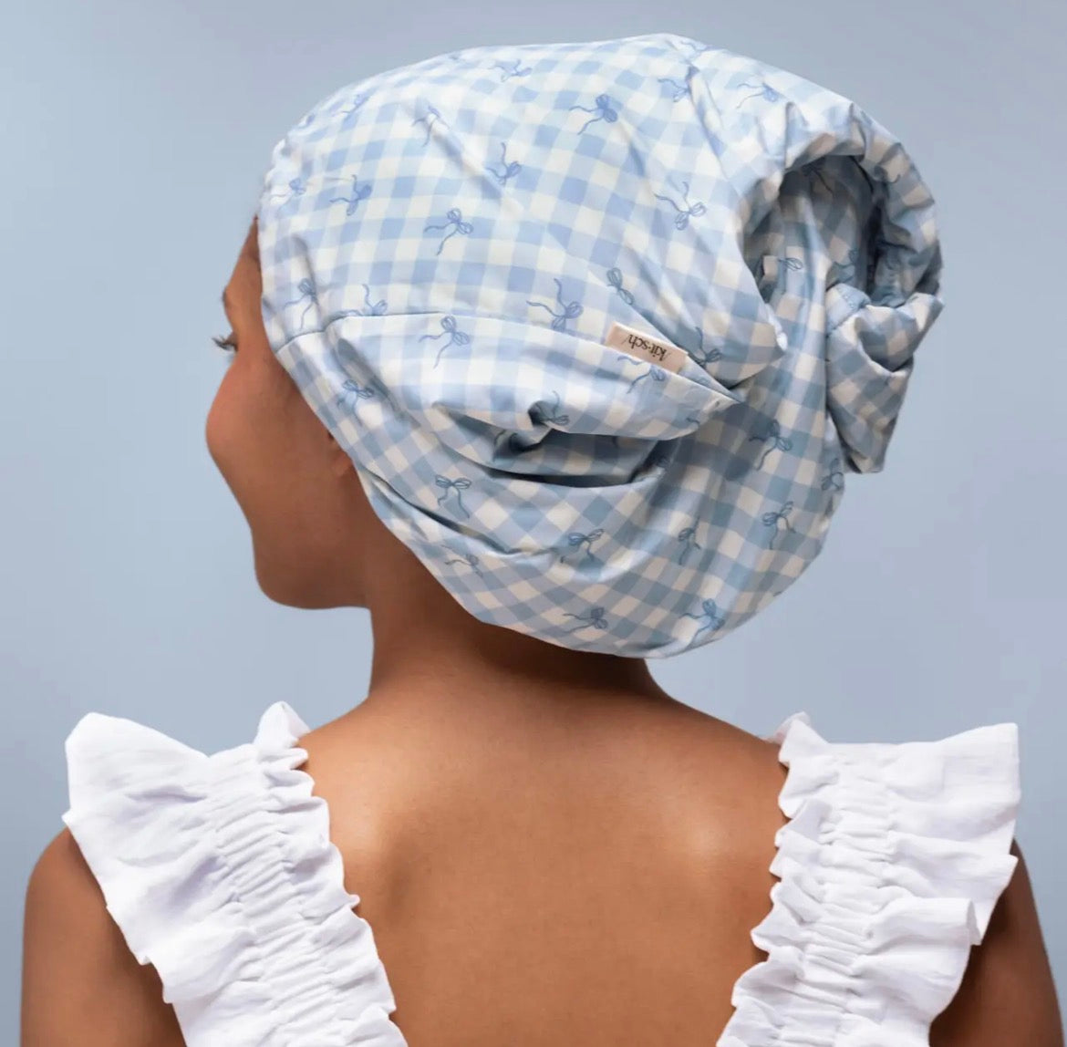 KITSCH | Satin Lined Flexi Shower Cap | Gingham Blue