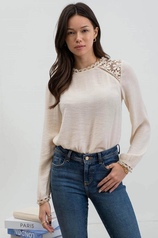 Scallop Lace Hem Long Sleeve Top