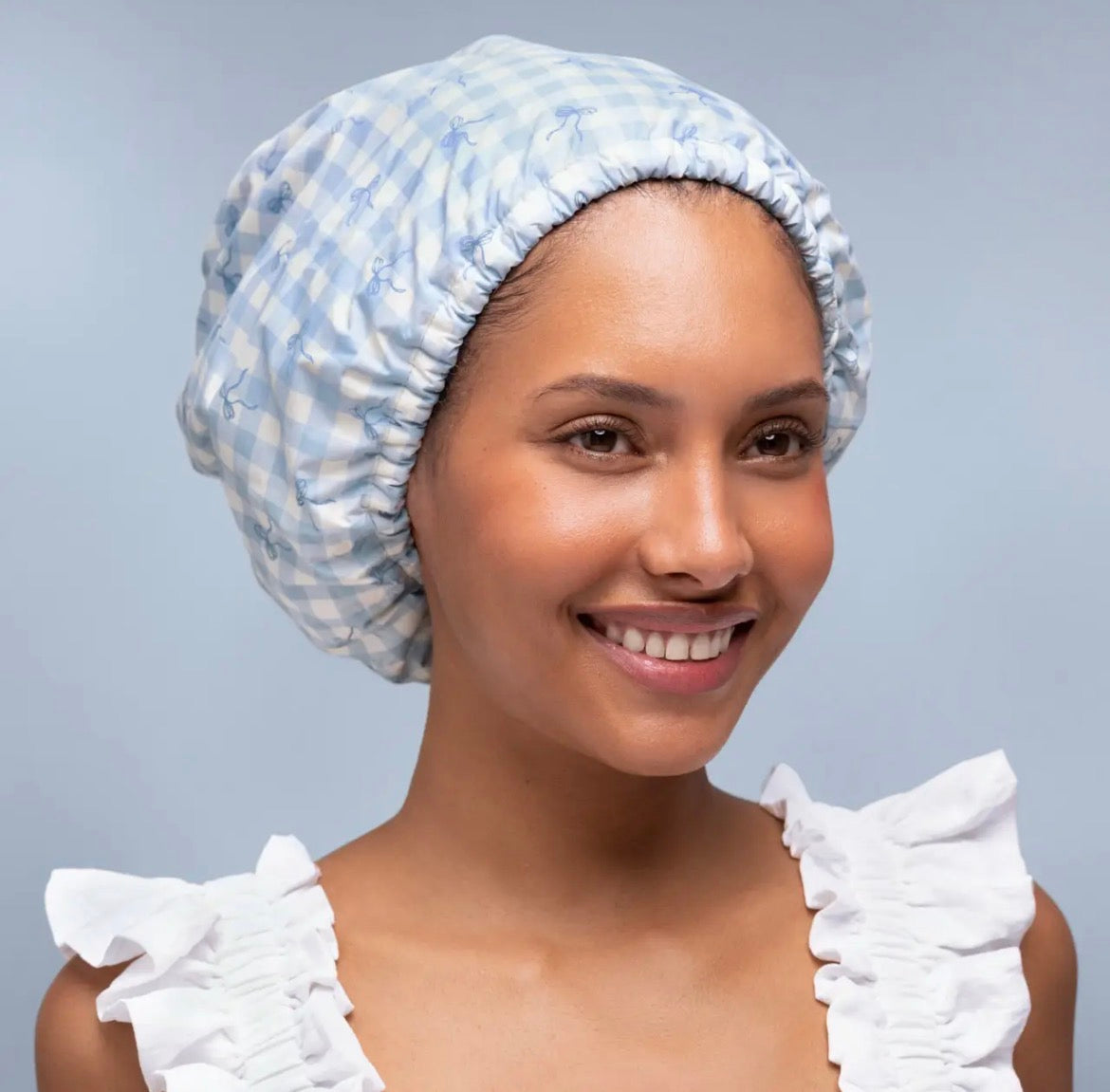 KITSCH | Satin Lined Flexi Shower Cap | Gingham Blue