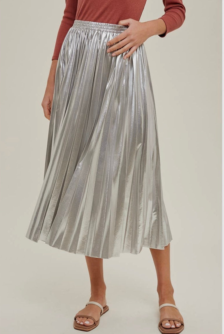 Silver Metallic Pleated Skirt