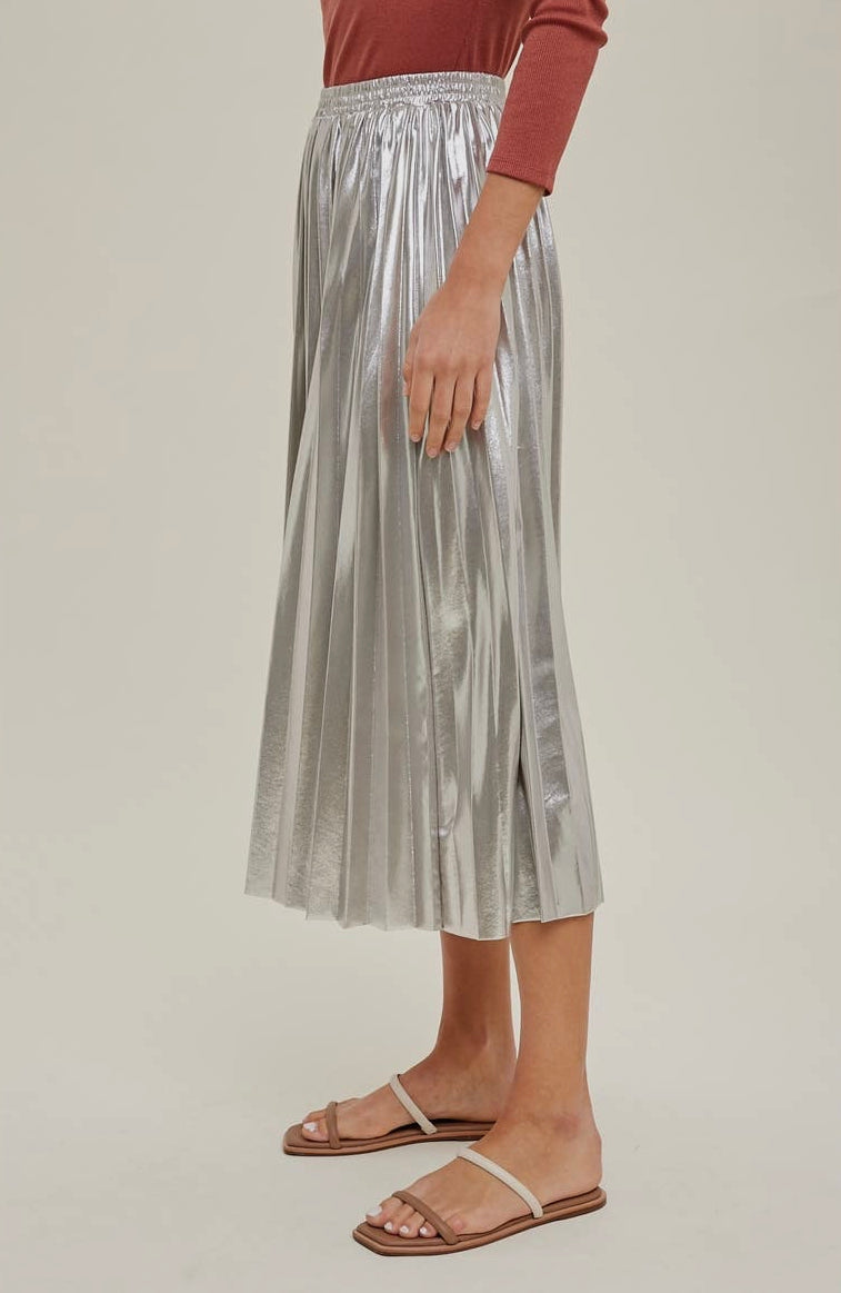 Silver Metallic Pleated Skirt