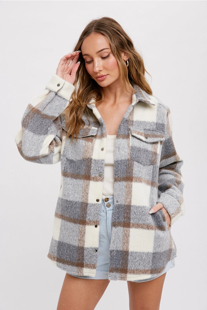 Grey Plaid Brushed Flannel Shacket