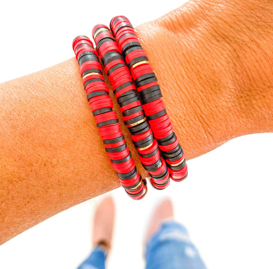 Red, Black + Gold Heishi Bracelet