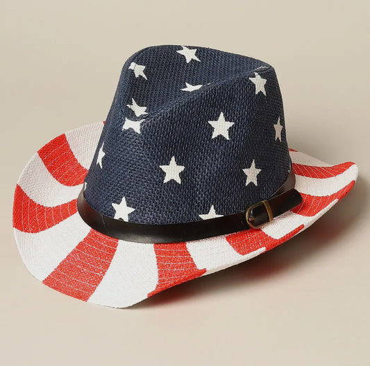 American Flag Print Cowboy Hat with Belt Band