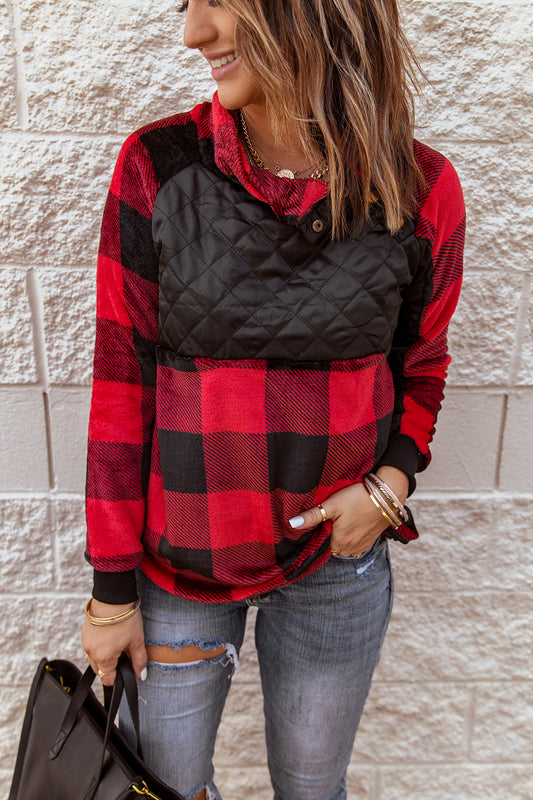 Red Plaid - Asymmetrical Snap-up Fleece