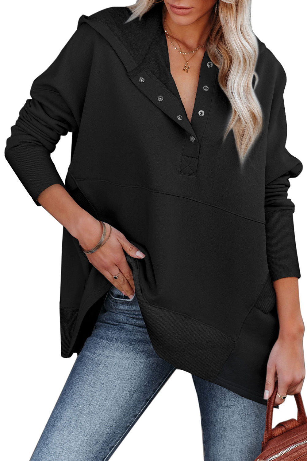 Black Batwing Henley Hoodie