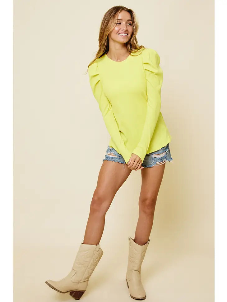 Bright Yellow Ribbed Puff Sleeve Top