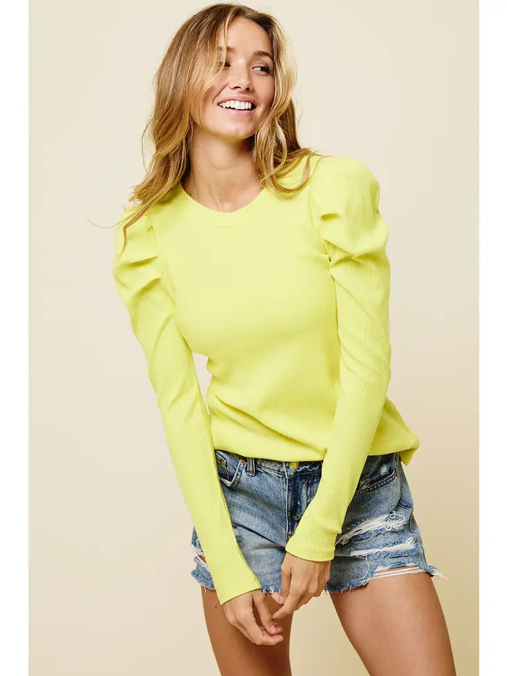 Bright Yellow Ribbed Puff Sleeve Top