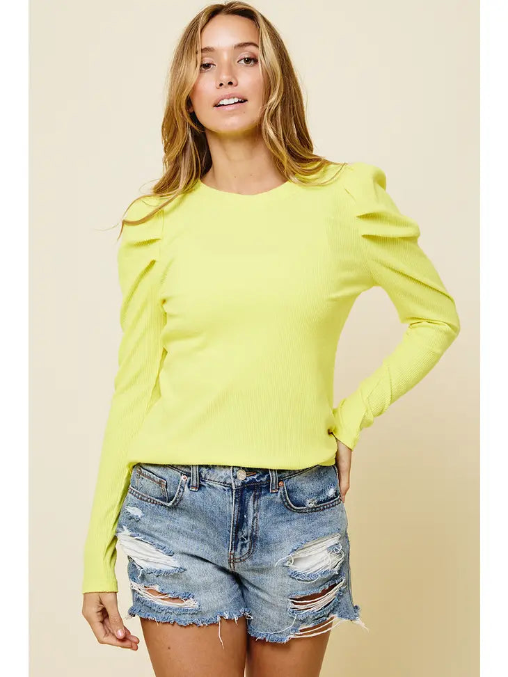 Bright Yellow Ribbed Puff Sleeve Top