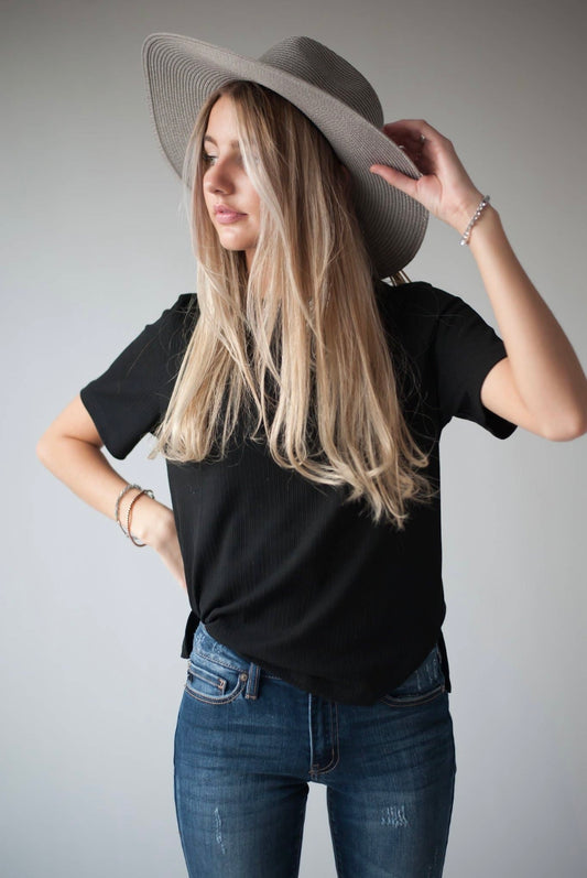 Rib Knit Split Hem Tee in Black