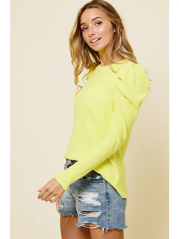 Bright Yellow Ribbed Puff Sleeve Top