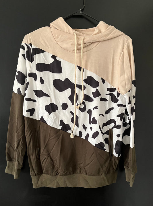 Multi-color - High Neck Cow Print Color Block Hoodie